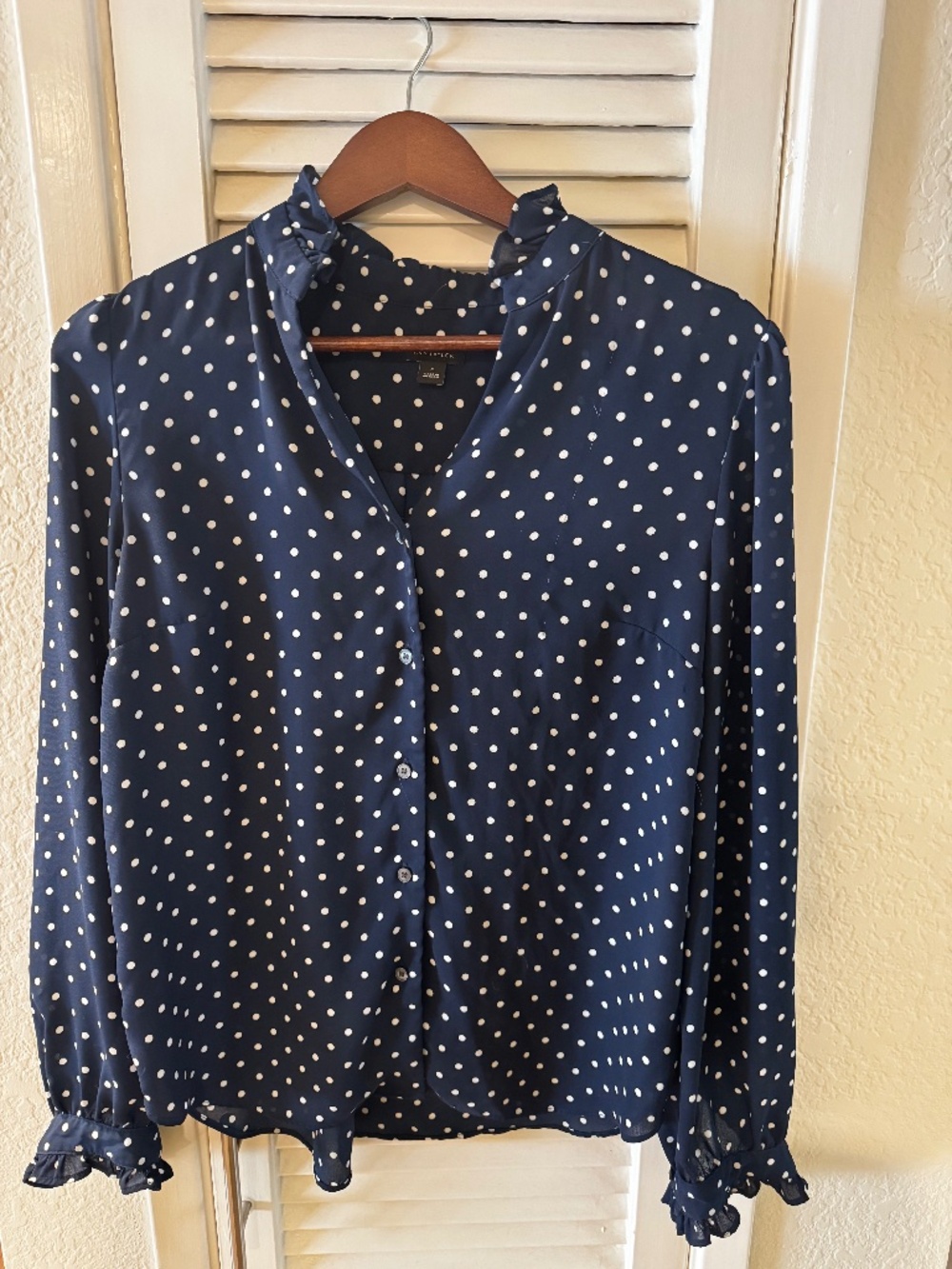 Ann Taylor Navy and White Dotted Ruffle Button Blouse - Picture 2 of 4